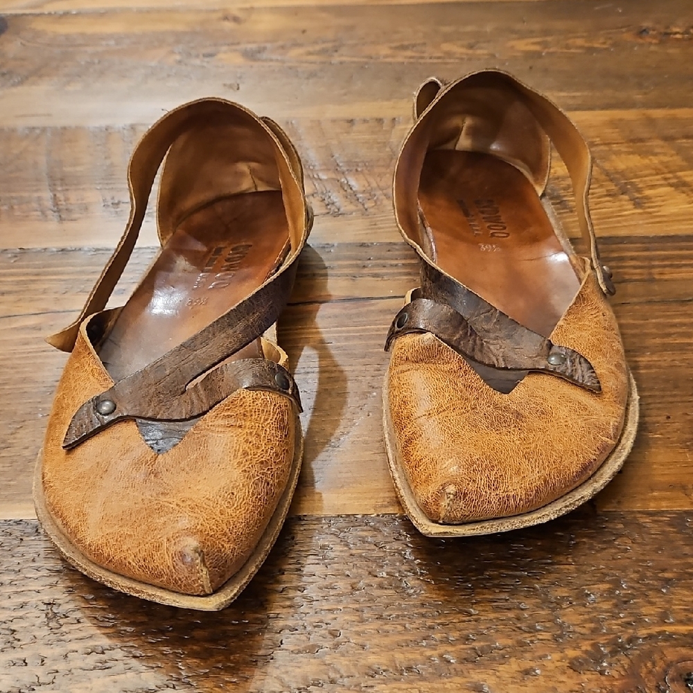 Women’s Tan Pointed Leather Flats with Decorative Strap